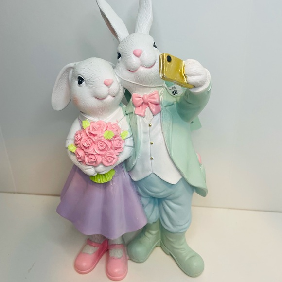 Easter Bunny Couple, Rabbit Figurine with Pink and Green Accents, Bunny Statue - Picture 2 of 6
